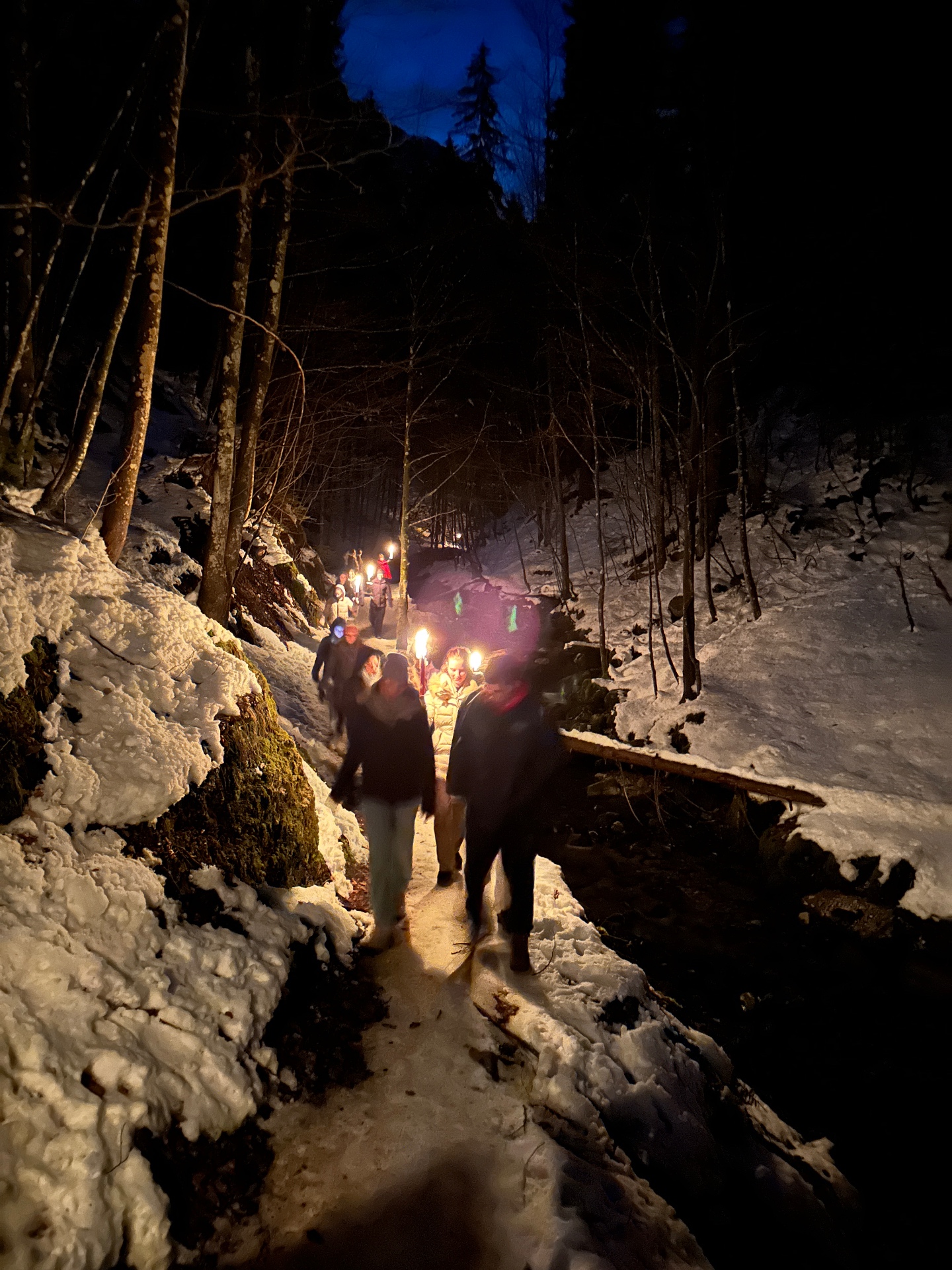 Fackelwanderung durch verschneiten Winterwald
